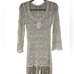 NWT Cotton By Autumn Cashmere Crochet Top Fringed Beige Extra Small